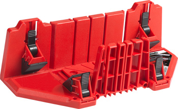 Mitre box for 22.5°, 45° and 90° cutting angles with clamping jaws and angle attachments