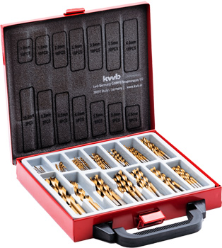 99tlg Titanium HSS twist drill set with various diameters in carrying case.