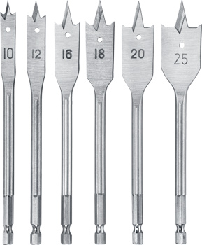 Flat Spade Bit Set, 6 Piece, 148 mm, Ø 10 - 25 mm