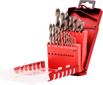 HSS Wood Twist Drill Bit Set with Round Shank, 19 Piece, Ø 1–10 mm