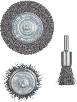 kwb three-piece wire brush set with crimped steel wire for use with drills and cordless screwdrivers