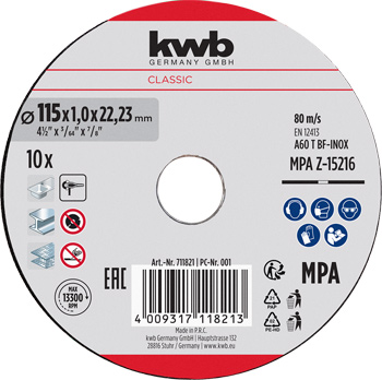 Classic Inox Reinforced Cutting Disc Set for Metal, Straight, Extra Thin, 10 Piece