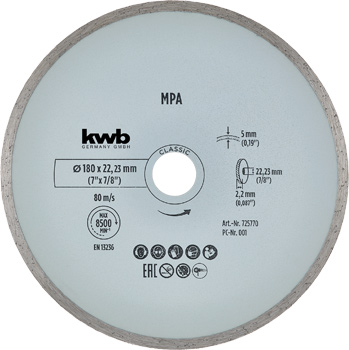 Diamant-Trennscheibe mit Ganzrand für Fliesen, Ø 180 x 1,4 mm