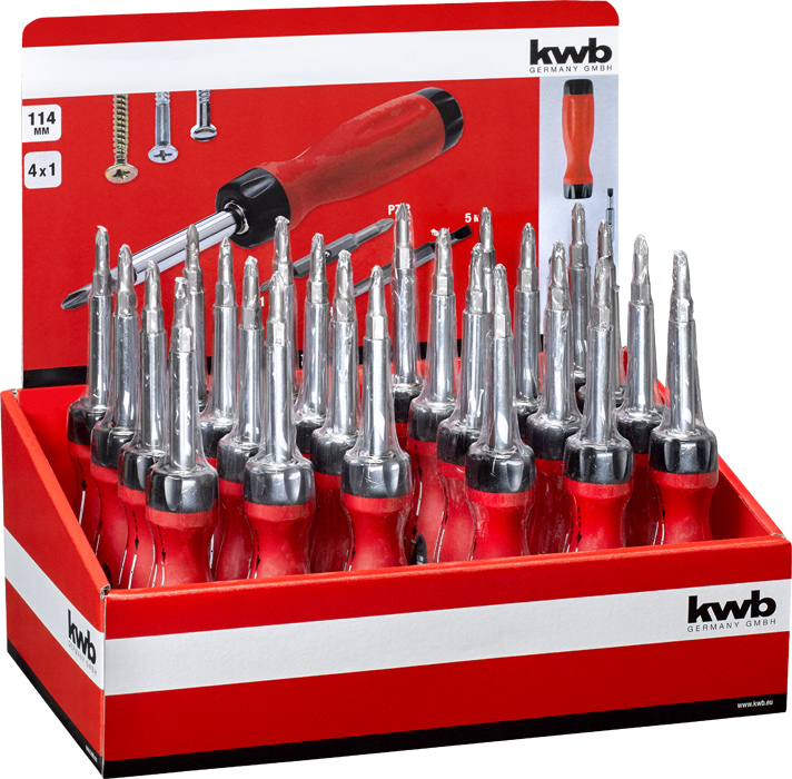KWB 4 in 1 Schraubendreher mit 2 Wechselbits Flach//Kreuzschlitz /& Pozidriv