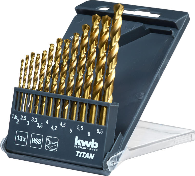 HSS TiN Drill Bit Set Titanium Coated 13 pcs. O 1.5 6.5 mm Drill bits for metal Drill bits Power tool accessories Products Main navigation kwb Germany GmbH